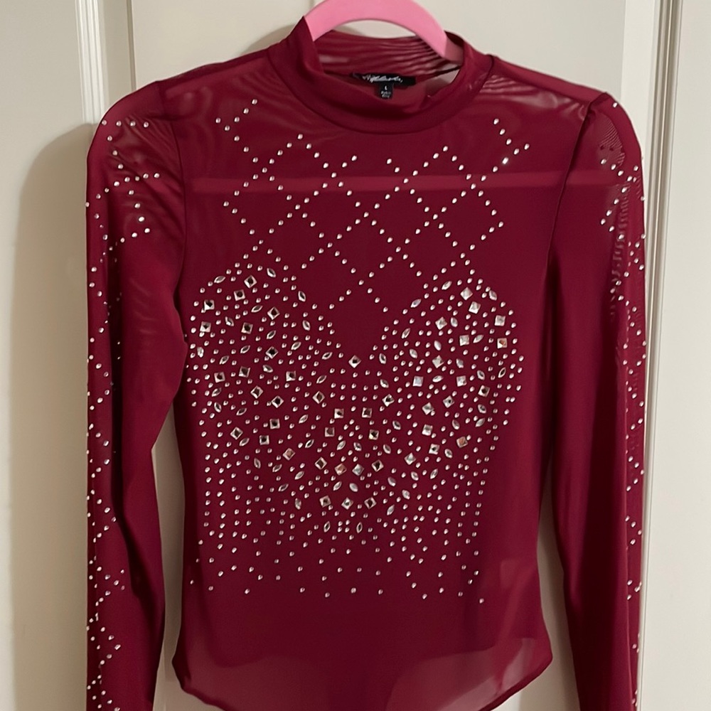 Burgundy rhinestone bodysuit see through